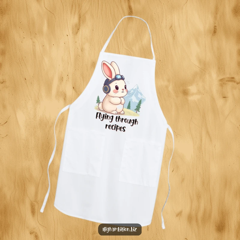 Funny rabbit apron featuring a fluffy rabbit in a tiny aviator hat, gazing at a distant mountain peak.