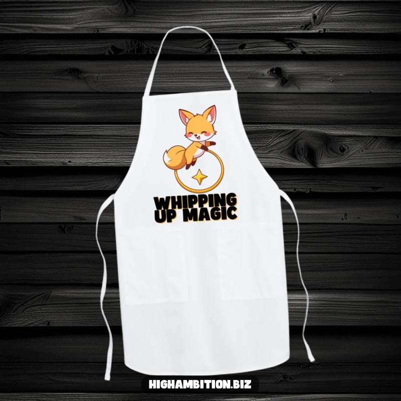 Funny apron with a happy fox character leaping over a hoop, chasing a star, designed for kitchen fun and culinary adventures.