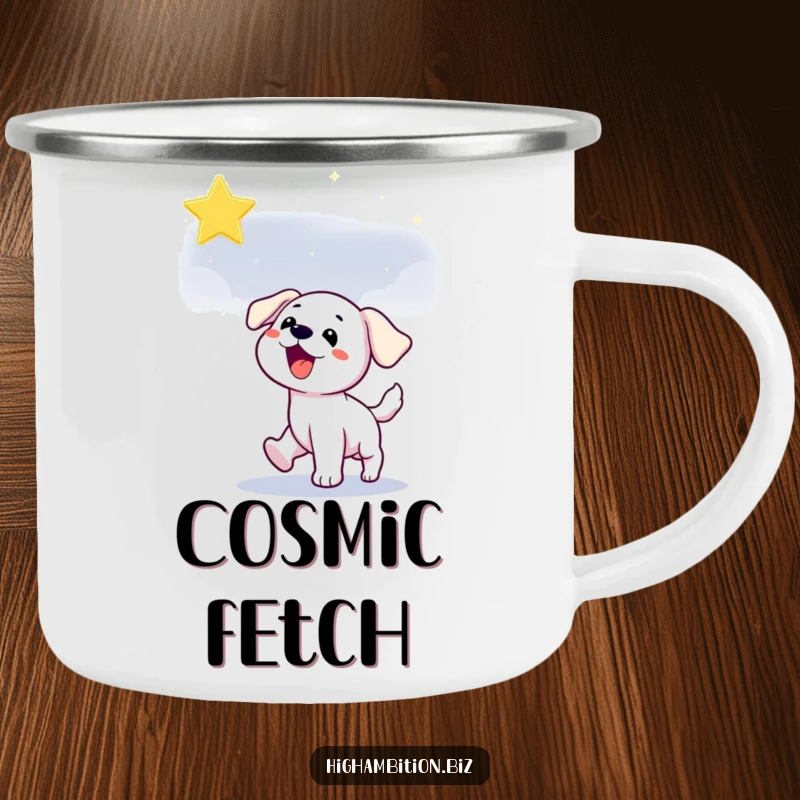 Funny puppy camping mug showing a playful dog character chasing a star in the night sky, ideal for campers.