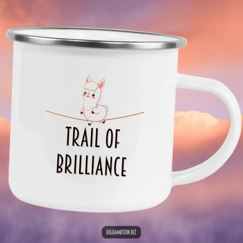 Funny camping mug showcasing a cheerful alpaca confidently walking on a tightrope of light, designed for outdoor humor and enjoyment.