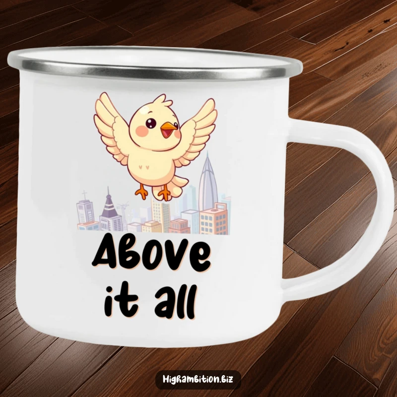 Funny bird camping mug showing a cheerful character flying above a cityscape, ideal for adventurers and coffee lovers.