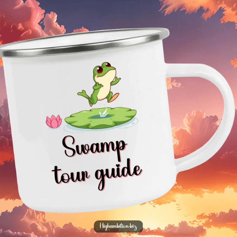 Funny frog camping mug showing a bouncing character leaping towards a lily pad, ideal for nature lovers.