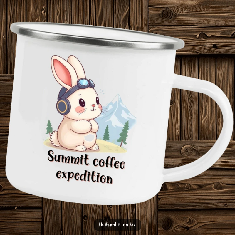 Funny rabbit camping mug showing a fluffy rabbit in a tiny aviator hat, gazing at a distant mountain peak.
