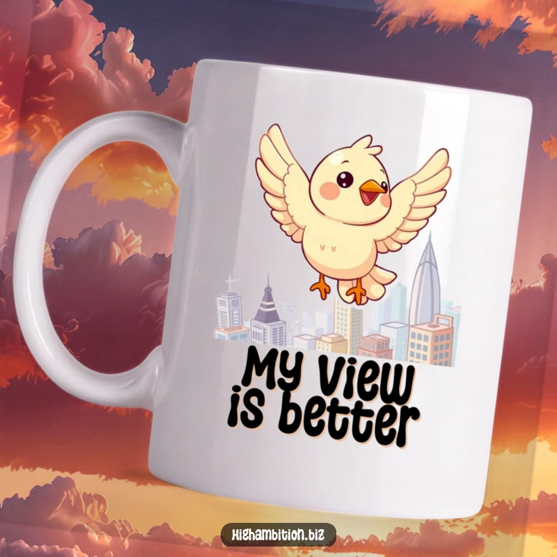 Funny bird mug showing a cheerful character soaring gracefully above a detailed cityscape, symbolizing freedom and perspective.