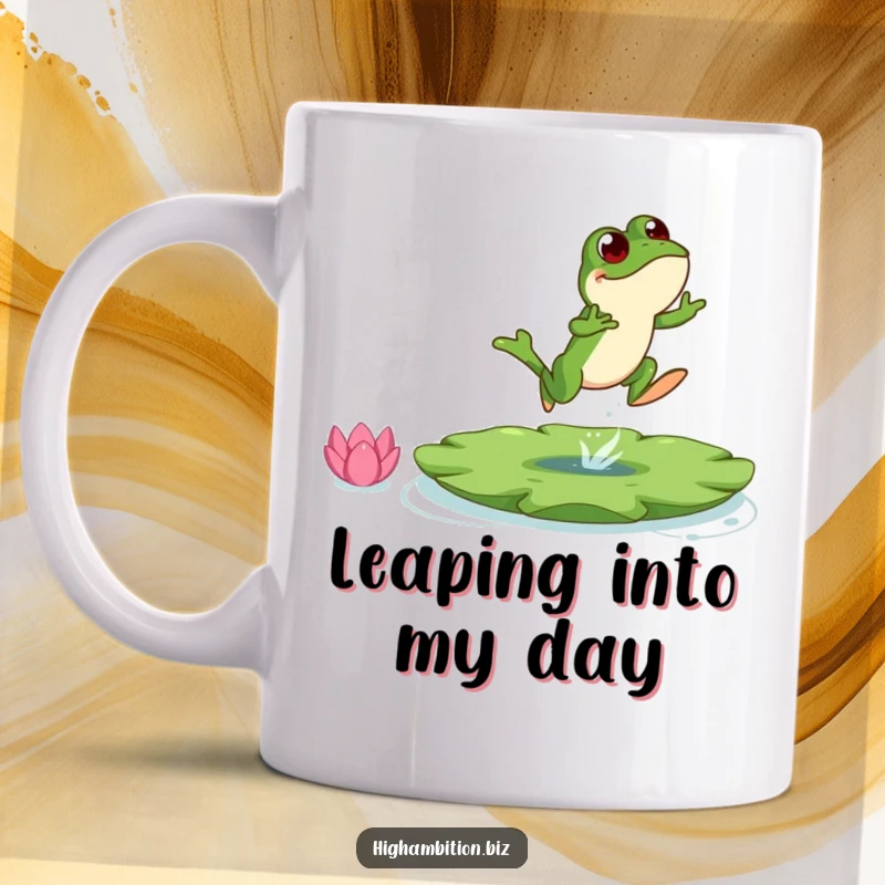 Funny frog mug showing a cheerful character mid-leap towards a massive lily pad, symbolizing ambition and a love for adventure.