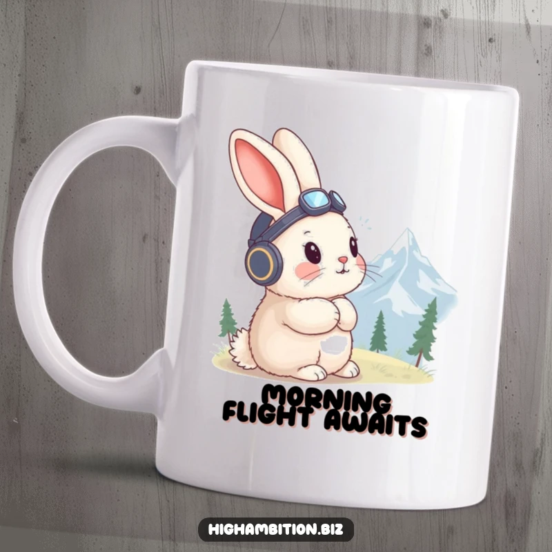 Funny rabbit mug with a fluffy rabbit in a tiny aviator hat, gazing wistfully at a distant mountain peak.