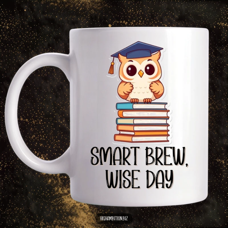 Funny Mug: Cute owl in a graduation cap intently studies a huge stack of books, embodying academic humor.