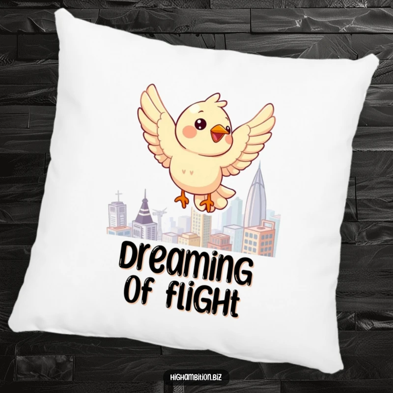 Funny bird pillow featuring a cheerful character soaring above a vibrant cityscape, adding whimsical comfort to any space.