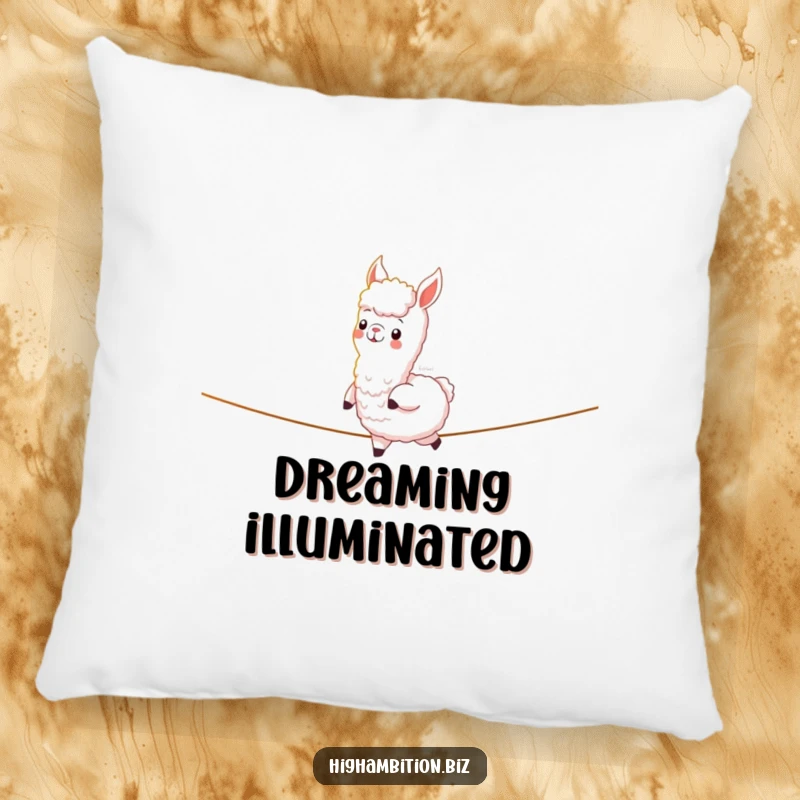 Funny pillow displaying a cheerful alpaca character confidently walking a tightrope of light, offering whimsical comfort and balance.