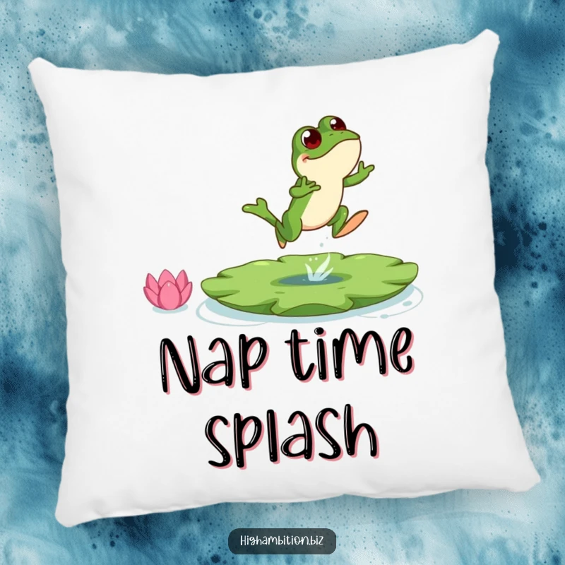 Funny frog pillow featuring a bouncing character leaping towards a large lily pad, adding a touch of playful humor to decor.