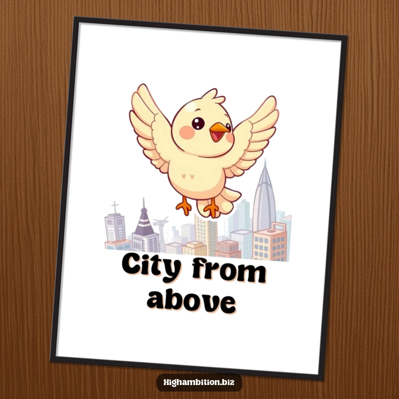 Funny bird digital art print showing a cheerful character flying high above a vibrant cityscape, perfect for uplifting decor.