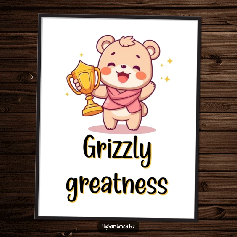Funny digital art print of a joyful bear cub character triumphantly carrying a large, shining trophy, embodying pure celebration.