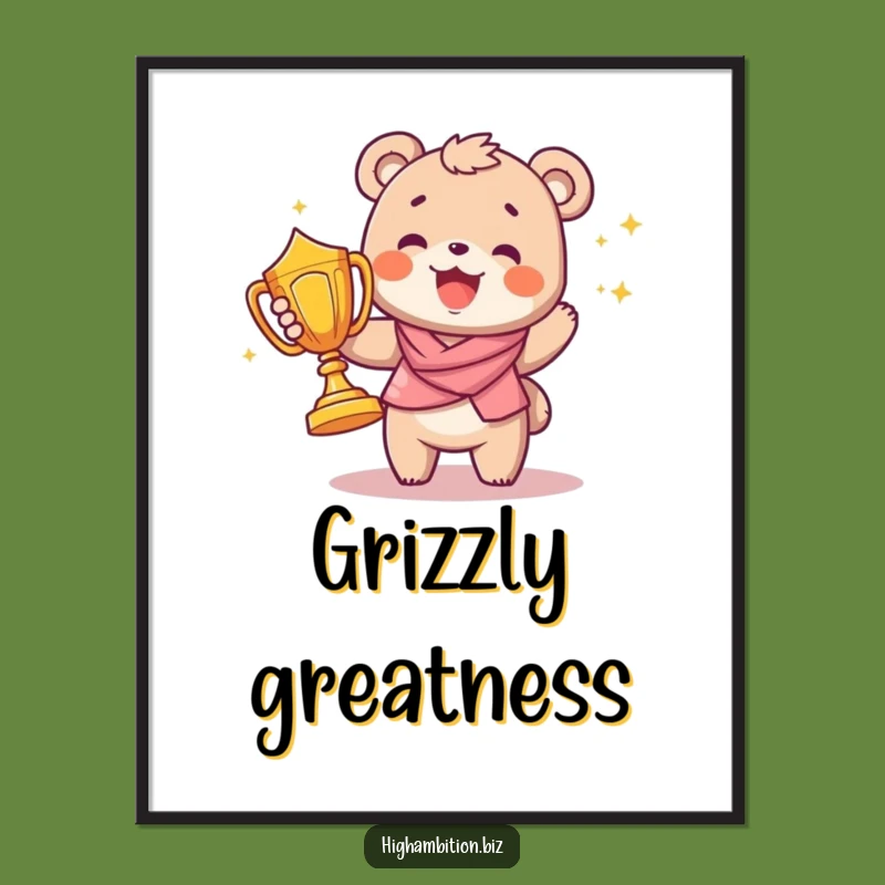 Funny Bear Cub Trophy Digital Art: Humorous Joyful Winner Print, Perfect Funny Gift