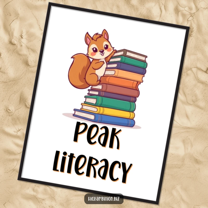 Funny squirrel digital art print showing a determined character climbing a massive stack of books, perfect for inspirational decor.