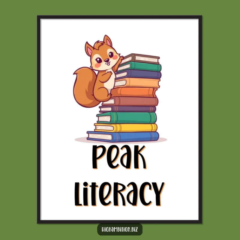 Funny Squirrel Climbing Books Digital Art: Hilarious Print for Readers