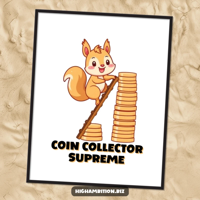 Funny digital art print of a smiling squirrel character climbing a ladder constructed from stacked gold coins, representing financial pursuit.
