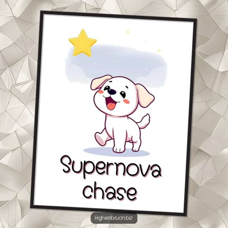 Funny puppy digital art print showing a playful dog character joyfully chasing a shimmering star in the night sky.