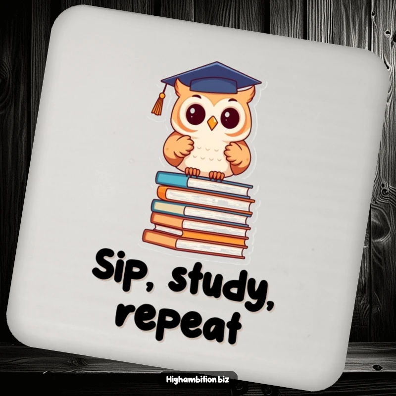 Funny Coaster: Cute owl in a graduation cap studies books, offering humorous protection for surfaces.