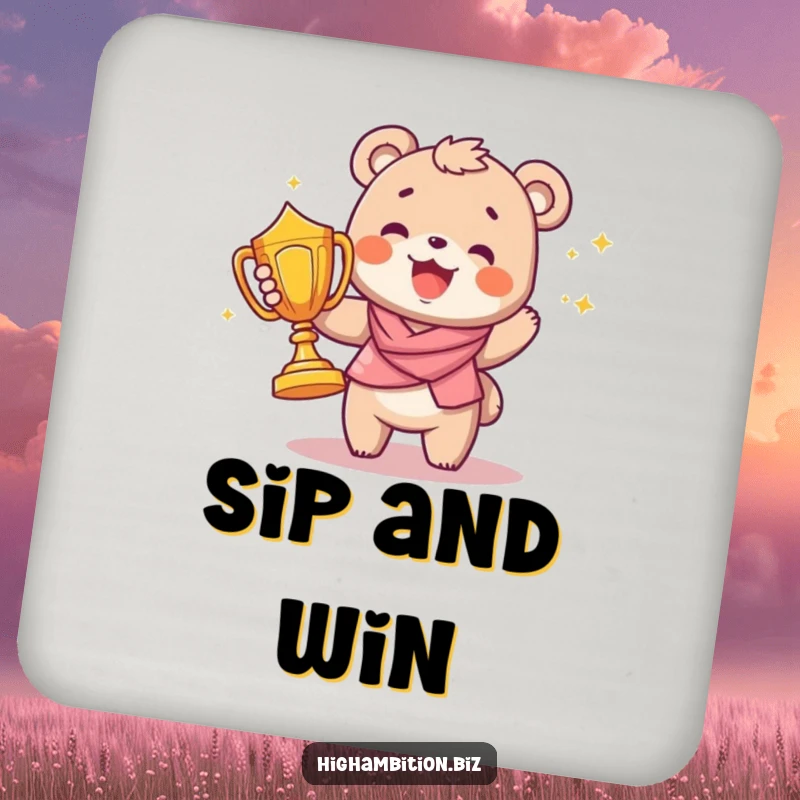 Funny drink coaster with a joyful bear cub character triumphantly holding a large trophy, for surface protection.