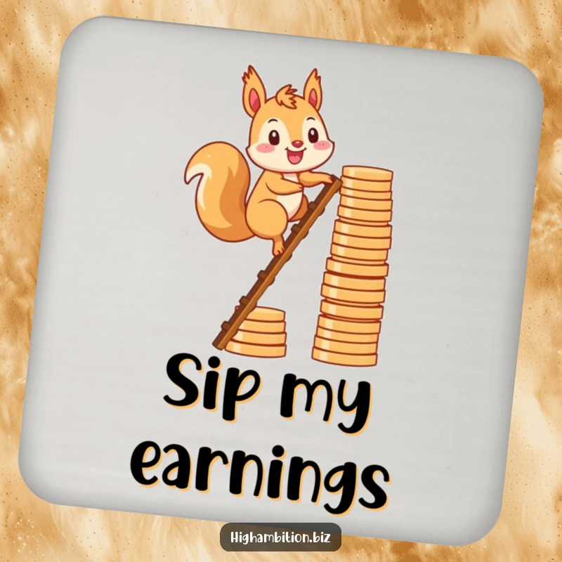 Funny drink coaster with a smiling squirrel character climbing a ladder made of stacked coins, for surface protection.