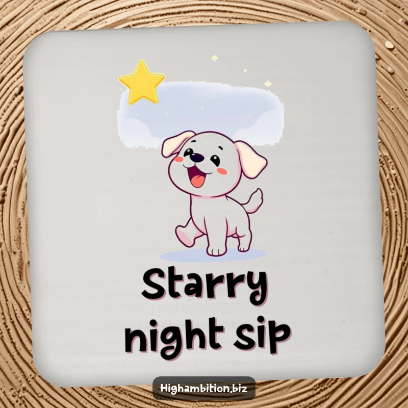 Funny puppy coaster with a playful dog character reaching for a star in the night sky, providing humorous protection.
