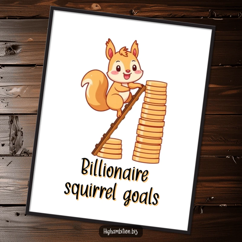 Funny poster illustrating a smiling squirrel character ascending a ladder made of stacked gold coins, representing the pursuit of wealth.