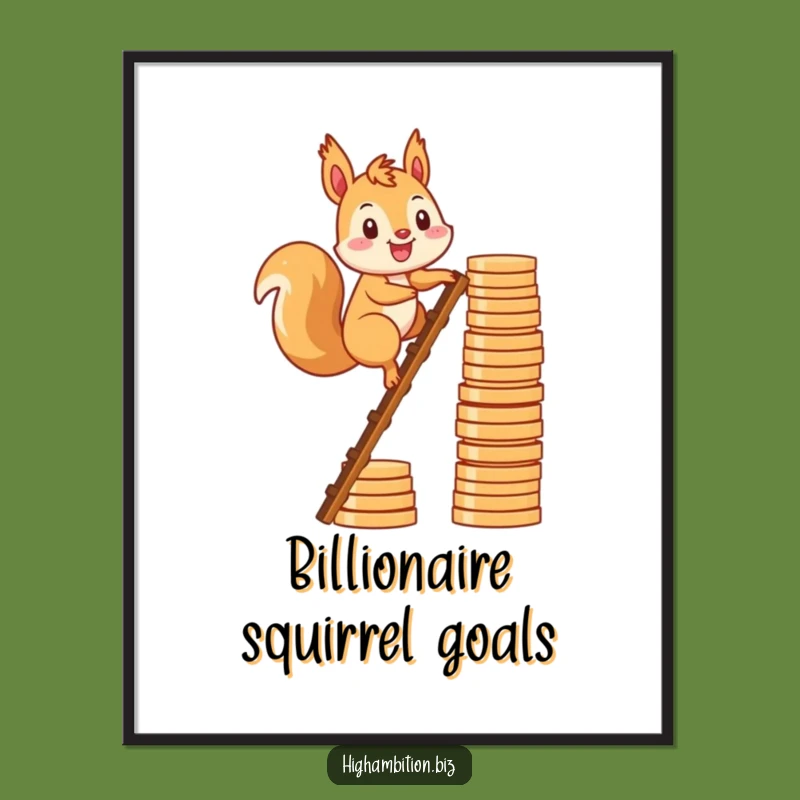 Funny Squirrel Money Poster: Ambitious Animal Art with Humorous Coin Climb