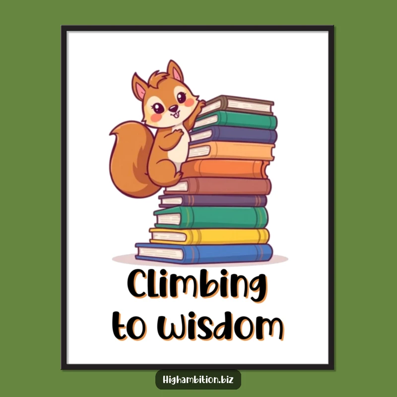 Funny Squirrel Climbing Books Poster: Motivational and Hilarious Wall Art