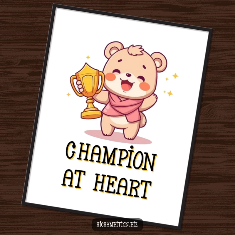 Funny poster illustrating a joyful bear cub character triumphantly holding a large, shining trophy, embodying pure celebratory spirit.
