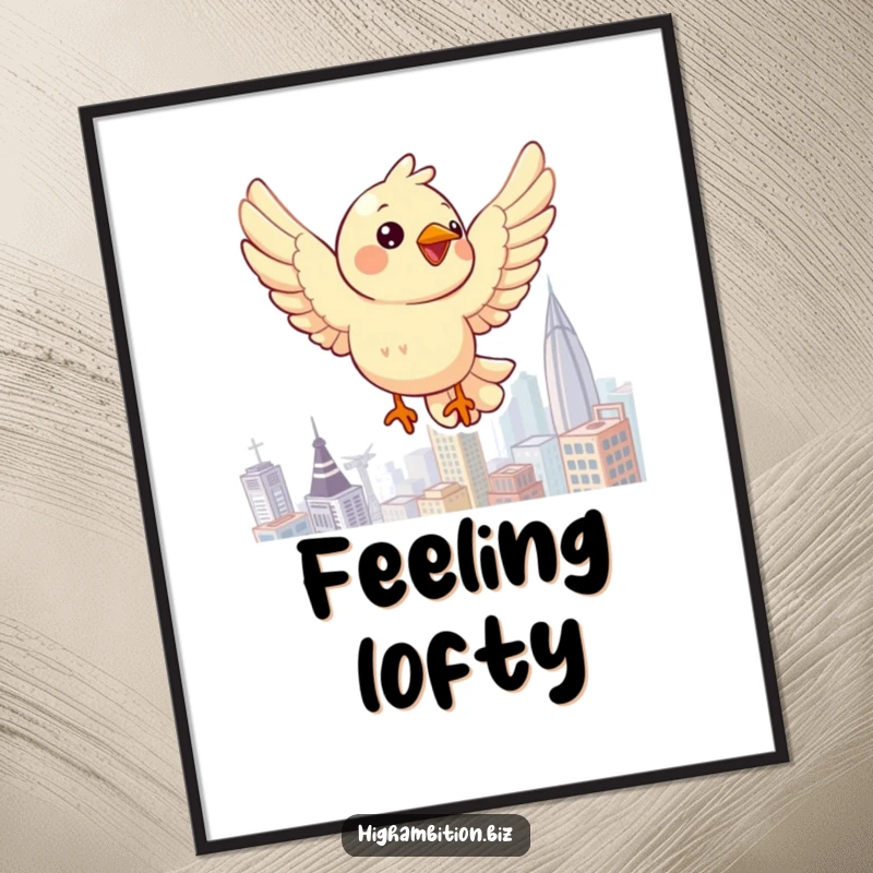 Funny bird poster displaying a cheerful character flying majestically over a sprawling cityscape, offering a beautiful aerial view.