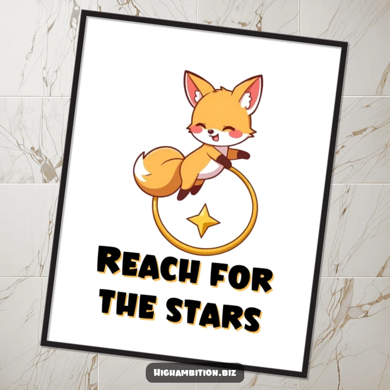 Funny poster illustrating a happy fox performing an acrobatic leap over a golden hoop, aiming for a celestial star, full of energy.