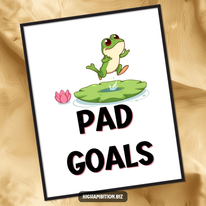 Funny frog poster showing a bouncing character mid-air, leaping towards a colossal lily pad, symbolizing great leaps and ambition.