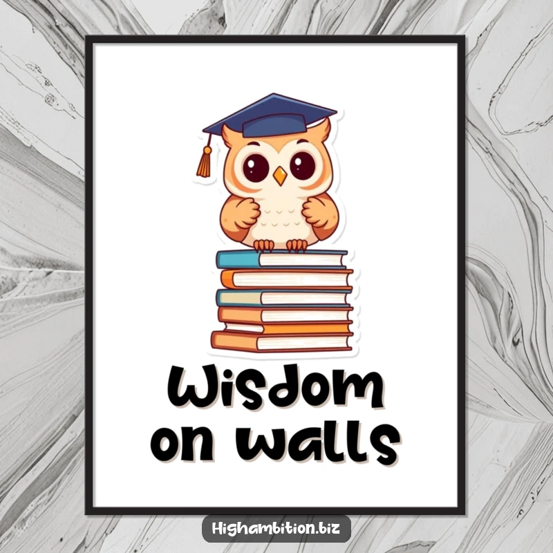 Funny Poster: Cute owl in a graduation cap studies a towering stack of books, a humorous and inspiring wall decor item.