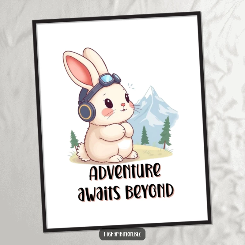 Funny rabbit poster featuring a fluffy rabbit in a tiny aviator hat, gazing at a distant mountain peak.