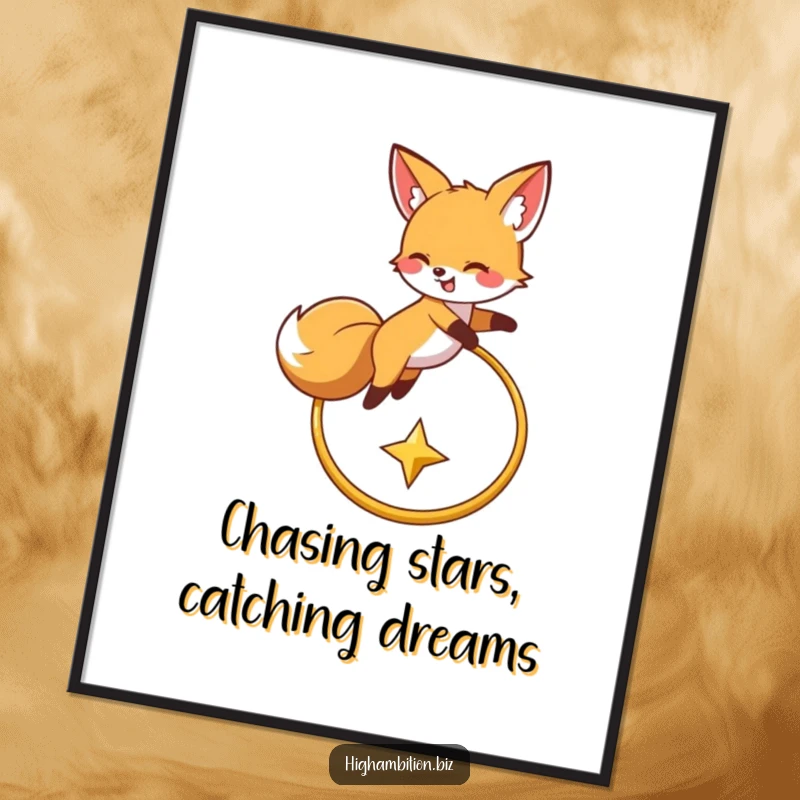 Funny Free Printable wall art of a happy fox character leaping energetically over a golden hoop while chasing a distant star.