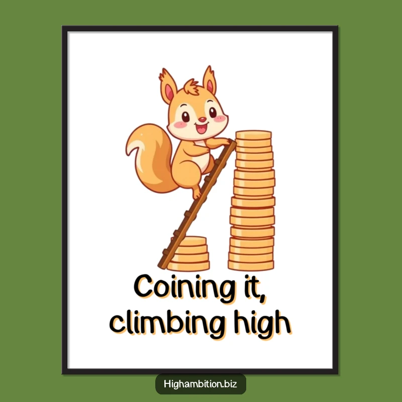 Funny Free Printable Wall Art: Squirrel Coin Ladder, Downloadable Wealth
