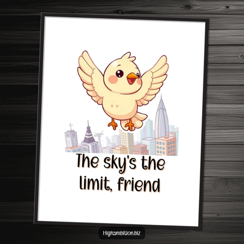 Funny Free Printable Wall Art: A cheerful bird character in mid-flight, soaring high above a detailed and expansive cityscape.