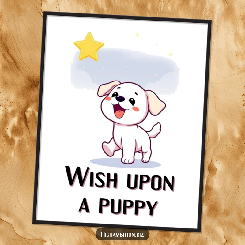 Funny Free Printable Wall Art: A playful puppy dog character leaping and chasing a bright, shimmering star in the vast night sky.