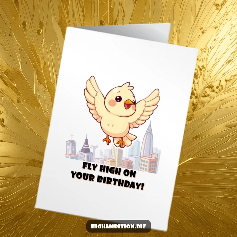 Funny Free Printable Birthday Card: A cheerful bird character joyfully soaring high above a detailed, colorful cityscape below.