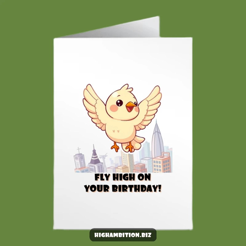 Free Printable Birthday Card: Cheerful Bird Soaring Over City - Downloadable Fun Gift