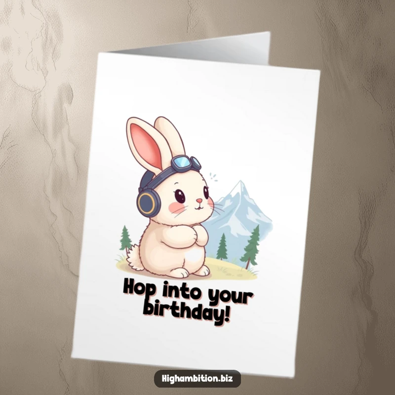 Funny Free Printable Aviator Rabbit Birthday Card: A fluffy rabbit in an aviator hat gazing at mountains.
