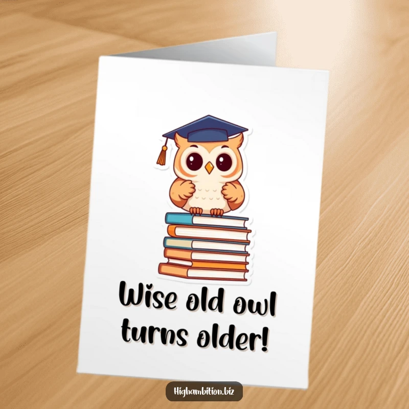 Funny Free Printable Birthday Card: Owl in Graduation Cap Studying Books