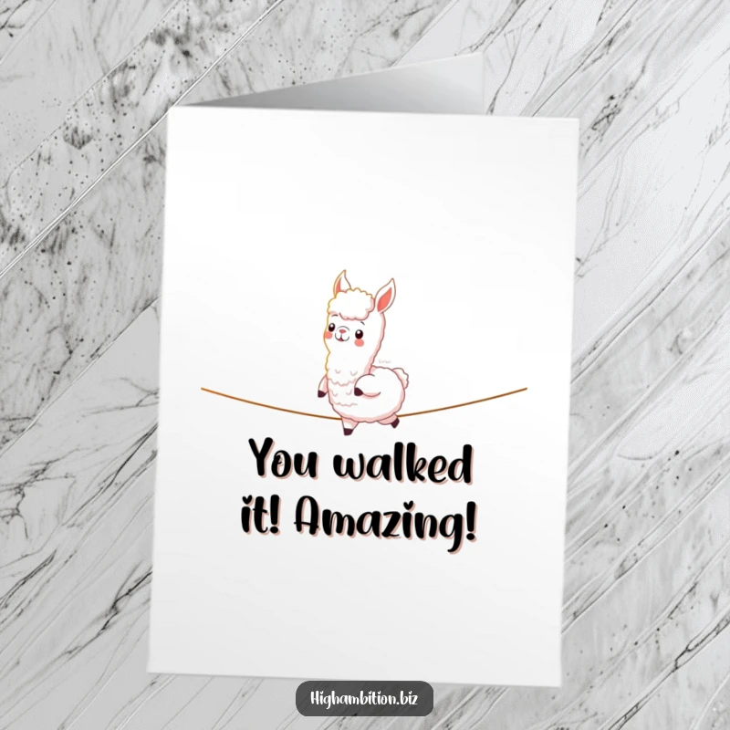 Free Printable congratulations card featuring a cheerful alpaca confidently traversing a tightrope constructed from radiant light, signifying a successful path.