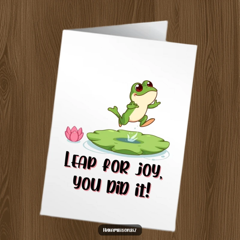 Funny Free Printable Congratulations Card: A frog character leaping energetically towards a comically large lily pad, signifying a major achievement.