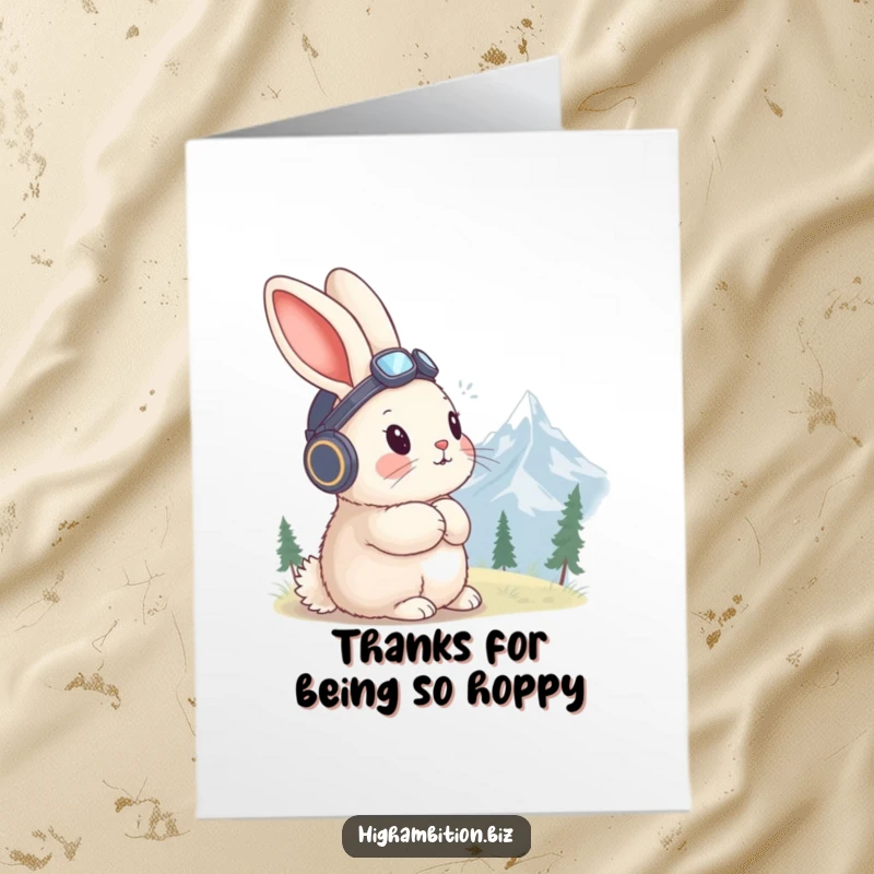 Funny Free Printable Aviator Rabbit Thank You Card: A fluffy rabbit in an aviator hat gazing at mountains with thanks.