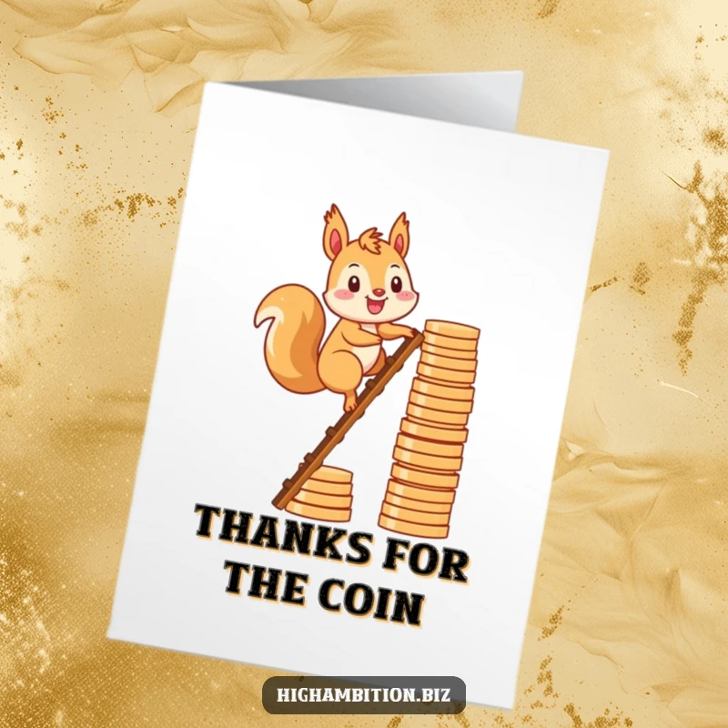 Funny Free Printable thank you card of a smiling squirrel character ascending a ladder made of stacked coins, symbolizing valuable appreciation.