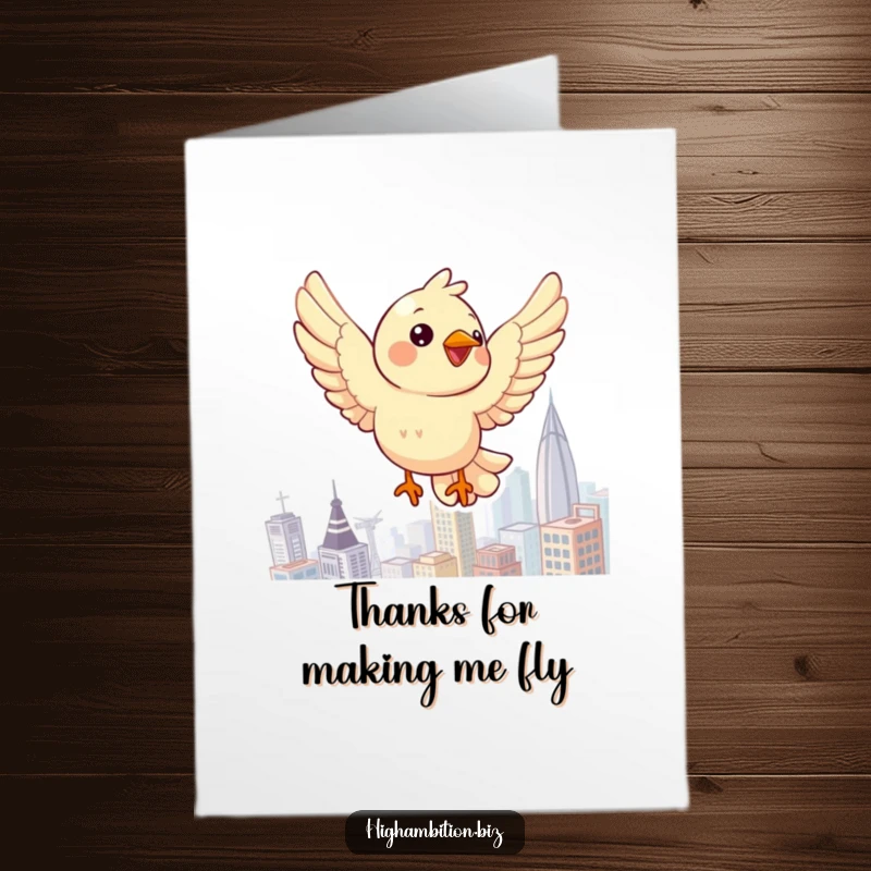 Funny Free Printable Thank You Card: A cheerful bird character flying high above a city skyline, conveying thanks.