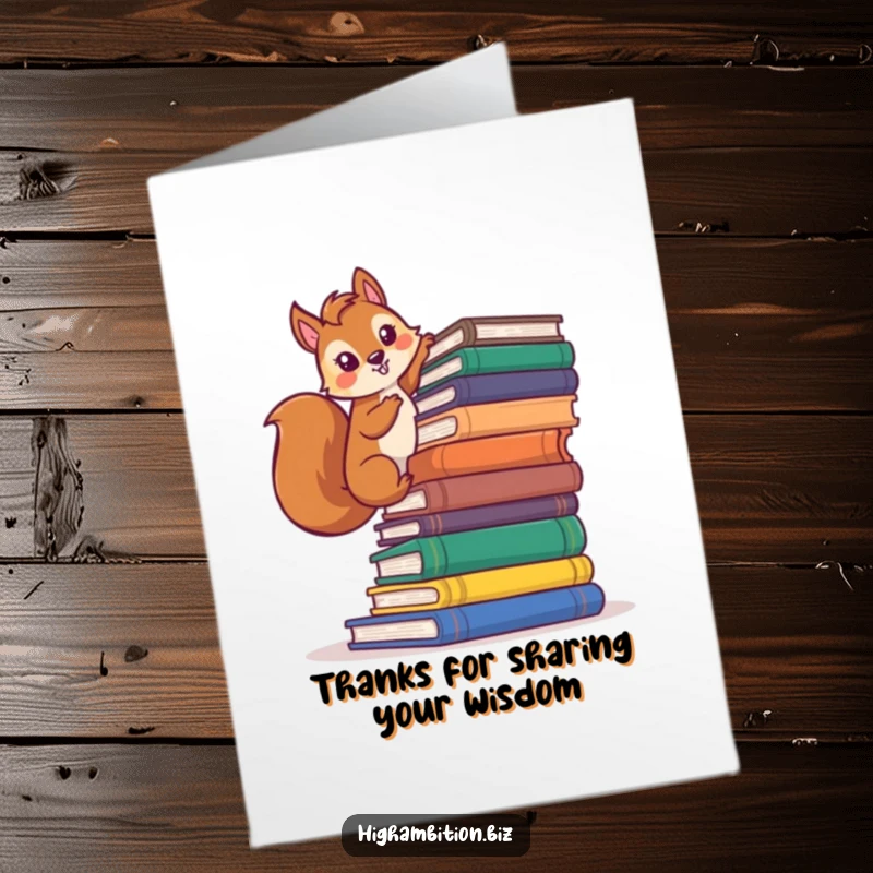 Funny Free Printable Thank You Card: A happy squirrel sitting atop a book pile, giving thanks from its lofty perch.