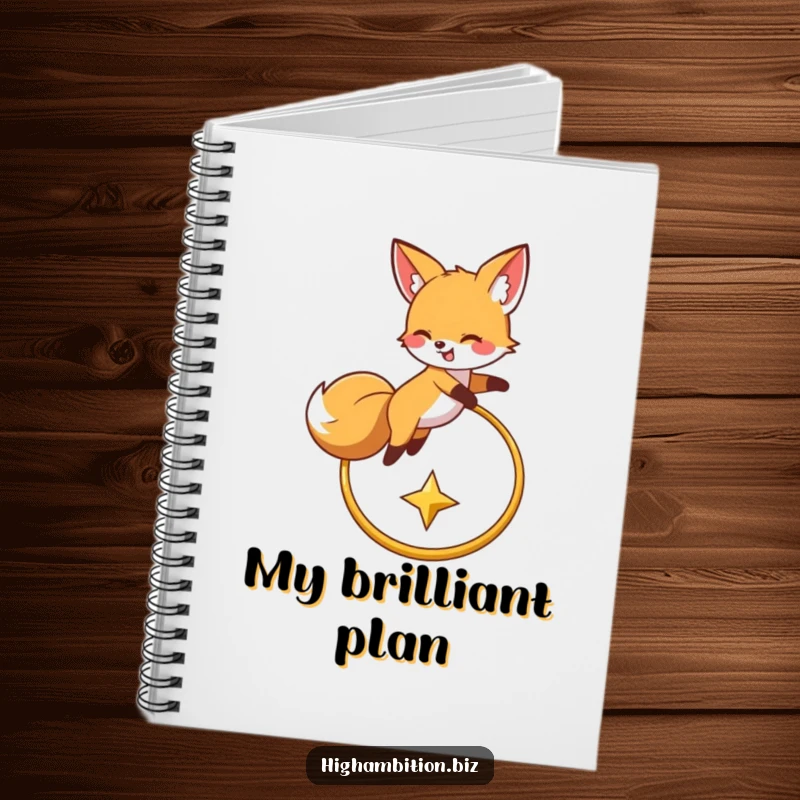 Funny notebook cover with a happy fox character energetically leaping over a golden hoop, striving to catch a faraway star, for note-taking.