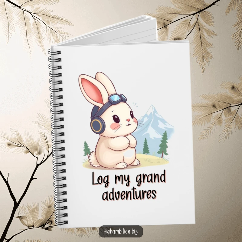 Funny rabbit notebook with a fluffy rabbit in a tiny aviator hat, gazing at a distant mountain peak.